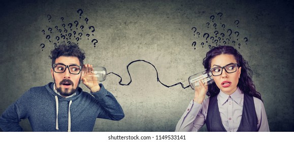 Funny looking man and woman having troubled communication
