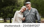 Funny, love and laughing with old couple in park for retirement, happiness and wellness. Smile, date and romance with senior man and woman bonding in nature for partner, marriage and comedy together