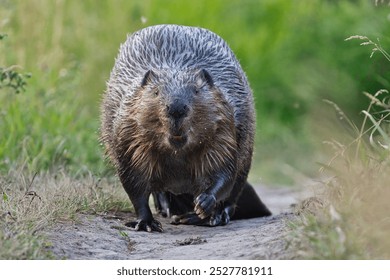 Funny low angle view closeup of beaver walking           