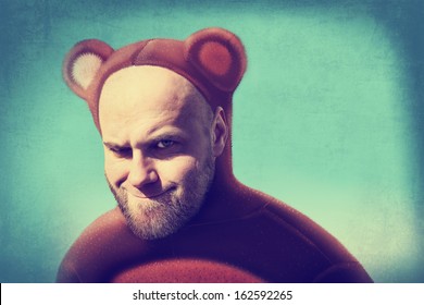 Funny Man In A Bear Suit. Vintage Advertising Concept