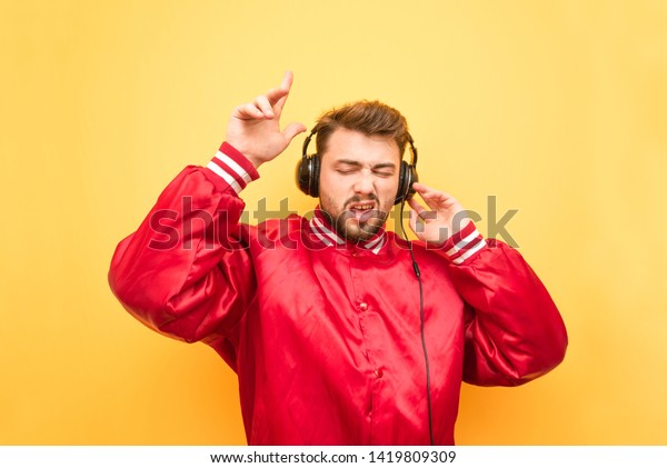 Funny Man Beard Red Jacket Listens Stock Photo (Edit Now) 1419809309