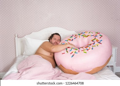 Funny Man And Donut. Diet. 