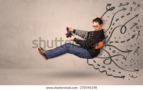 Funny man driving a flying vehicle with hand
drawn lines after him
concept