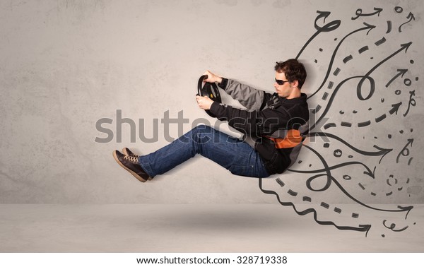 Funny man driving a flying vehicle with hand\
drawn lines after him\
concept