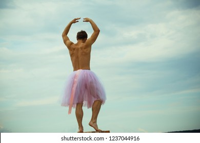 Funny Man Freak. Crazy Ballerina. Drag Queen. Man In Ballerina Skirt Outdoor. Man Dancing In Tutu In Ballet Studio. Inspiration And Dreaming. Dance. Enjoying Party. Ballet School Lesson