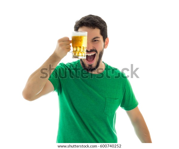 Funny Man Holds Glass Bier Fun Stock Photo Edit Now