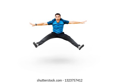 Funny man jumping in sportswear isolated on white - Powered by Shutterstock