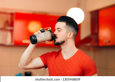 Funny Man Listening To Music Doing Air Guitar Gesture. Happy Guy Rocking Single Bachelor Life Having Fun
