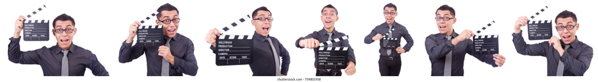 Funny man with movie clapper - Shutterstock ID 759801958