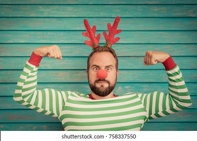 Funny Man On Christmas Eve. Xmas Winter Holiday Concept