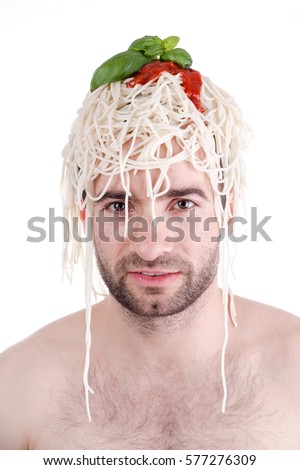 Funny man with spaghetti on head, white background