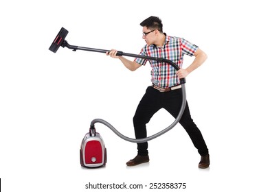 Funny Man With Vacuum Cleaner On White