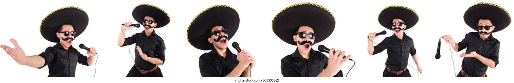 Funny man wearing mexican sombrero hat isolated on white - Shutterstock ID 603535562
