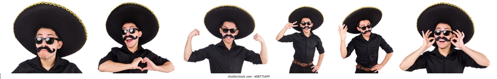 Funny man wearing mexican sombrero hat isolated on white - Shutterstock ID 608771699