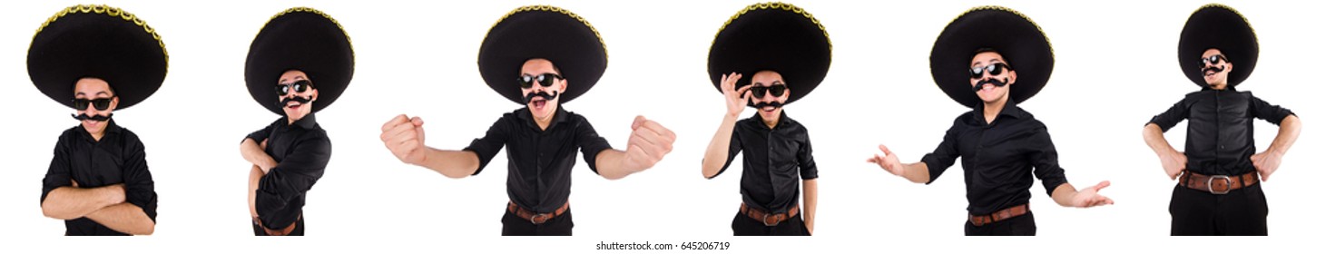 Funny man wearing mexican sombrero hat isolated on white - Shutterstock ID 645206719