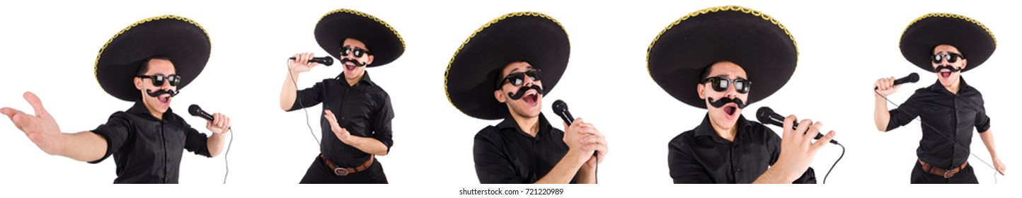 Funny man wearing mexican sombrero hat isolated on white - Shutterstock ID 721220989