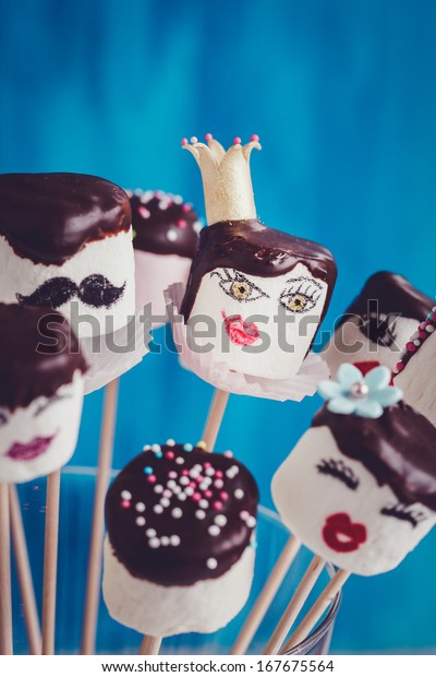 Funny Marshmallow Pops Handpainted Faces Decorated Stock Photo