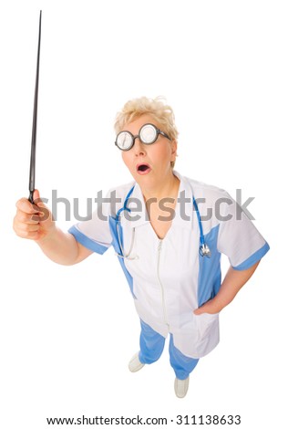 Funny mature doctor in nerd glasses with pointer stick isolated