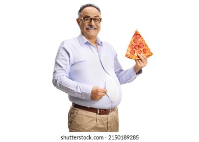 Funny mature man in a tight shirt holding a slice of pepperoni pizza isolated on white background