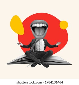 Funny meditation. Young manager or clerk dreaming at office isolated on light background. Contemporary art collage. Inspiration, idea, trendy. Concept of professional occupation, business, ad.