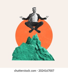 Funny meditation. Young manager or clerk dreaming at office isolated on light background. Contemporary art collage. Inspiration, idea, trendy. Concept of professional occupation, business, ad. - Shutterstock ID 2024167007