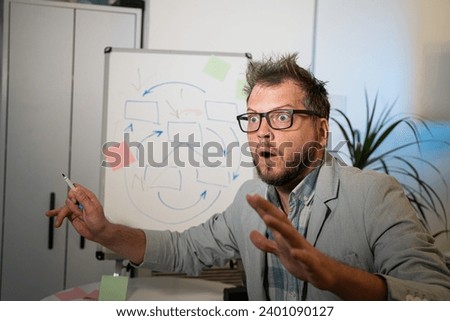 Funny meme man freak with conspiracy theory and explanation system, businessman business trainer lecturer shows graphs on the board