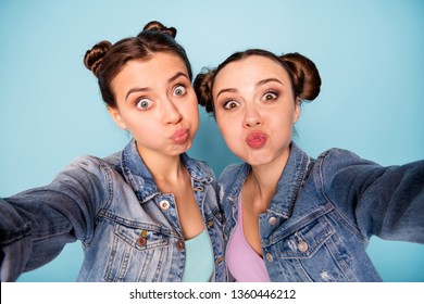 Funny Memories. Close Up Photo Of Cute Nice Crazy Weird Students Person Making Photos Fooling Blowing Careless Wearing Blue Denim Clothing Isolated On Pastel Background