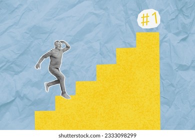 Funny middle age businessman collage illustration climbing upstairs find first place goal pedestal championship isolated on blue background