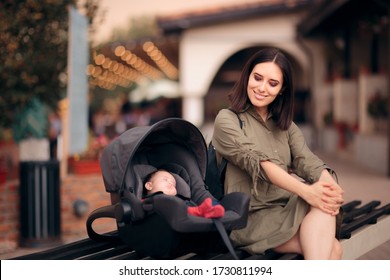 Funny Mom On Vacation Watching Over Asleep Baby. Loving Traveling  Mother Looking At Napping Tired Newborn 
