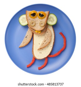 Funny Monkey Made Of Bread, Cheese And Vegetables On Plate