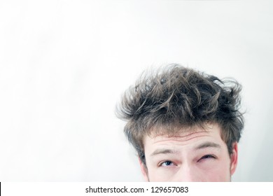 Funny Morning Look Of A Young Adult Men With On A White (greenish/blueish) Background - Not 