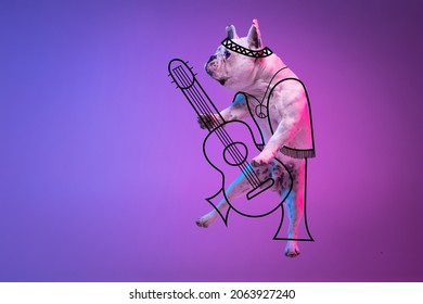 Funny musician. Artwork. One cute little dog, bulldog playing guitar isolated on gradient neon pink blue studio background with drawings. Concept of modern art, design, line art. Animal in human life.