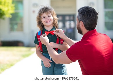 Funny Nerd. Father Supports And Motivates Son. Kid Going To Primary School. Kids Education. Smart Wunderkind In School Uniform Ready To School.