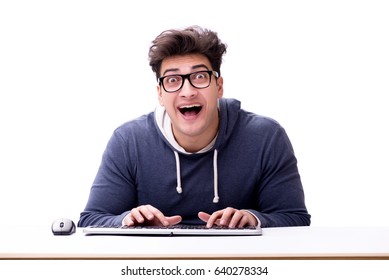 Funny Nerd Man Working On Computer Isolated On White