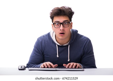 Funny Nerd Man Working On Computer Isolated On White