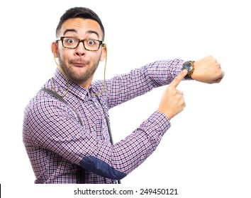 Funny nerd pointing his watch