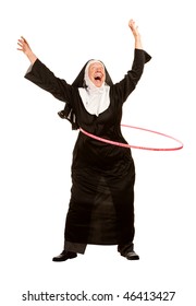 Funny Nun Exercising With Toy Plastic Hoop