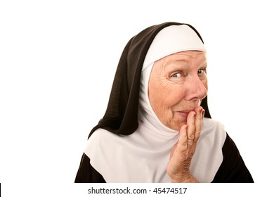 Funny Nun with Happy Shocked on her Face Stifling a Laugh