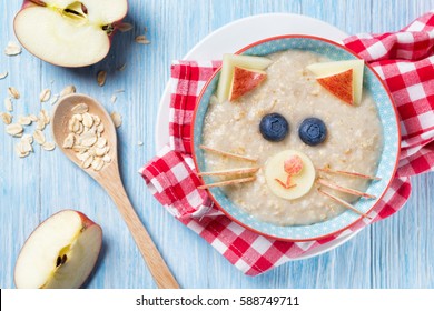 Funny Oat Porridge With Cat, Kitten Face Made Of Fruit And Berries, Food For Kids Idea, Top View