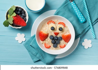 Funny Oat Porridge With Owl Face Made Of Berries, Food For Kids Idea, Top View