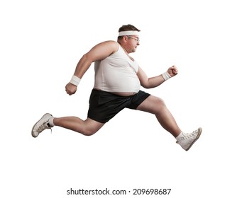 Funny Overweight Man Speeding Isolated On White Background