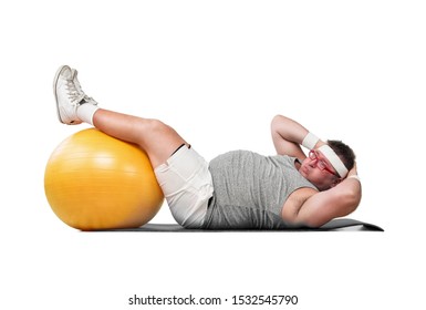 Funny Overweight Man Working Out Isolated On White Background