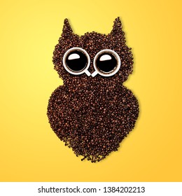 A funny owl made of roasted coffee beans and two cups. Creative concept photo of owl made of roasted coffee beans and two cups with refreshment espresso caffeine drink beverage on white background - Powered by Shutterstock