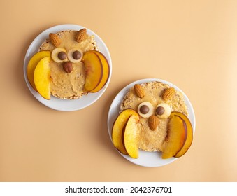 Funny Owl Toast Made From Nut Butter, Chocolate And Peach