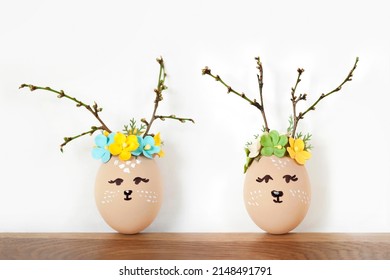 Funny Pair Of Decorative Deer Shaped White Egg.Spring Easter Holiday Crafts Kids Concept. Greeting Card Poster.