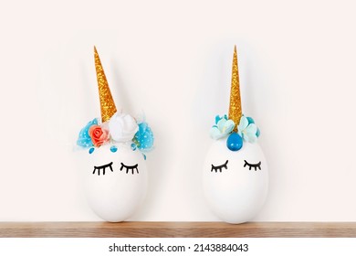 Funny Pair Of Decorative Unicorn Shaped White Egg.Spring Holiday Crafts Kids Concept. Greeting Card Poster Banner.