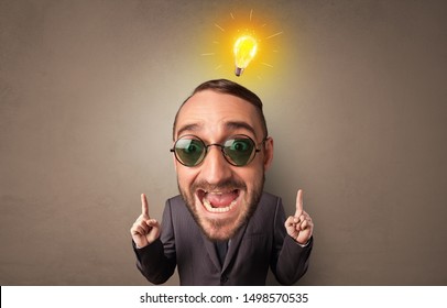 Funny Person With Big Head With New Idea Concept And Lighting Bulb