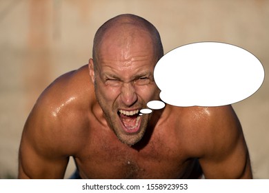 Funny Picture With Bubble Idea Muscular Sweaty Man.