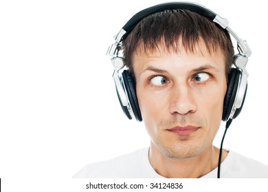 funny picture of man with headphones on white
