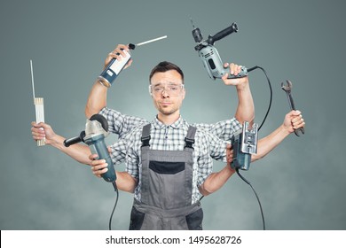 Funny Portrait Of A Craftsman With 6 Arms And Tools